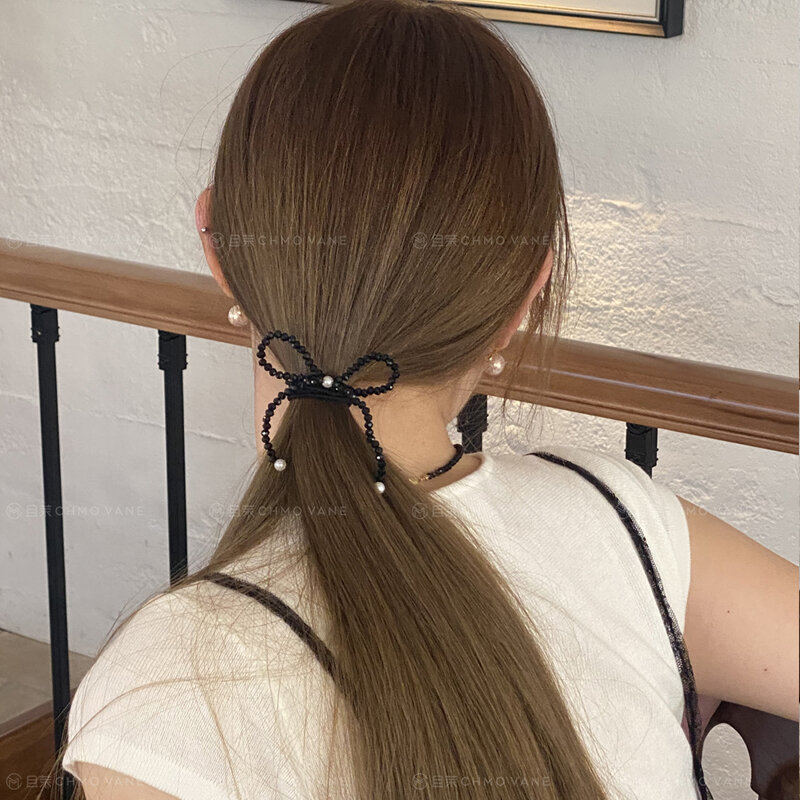 Nowa koreańska moda Ins elastyczne hairtie z przezroczystymi koralikami gumki do włosów z kokardą dla dziewcząt i kobiet akcesoria do włosów