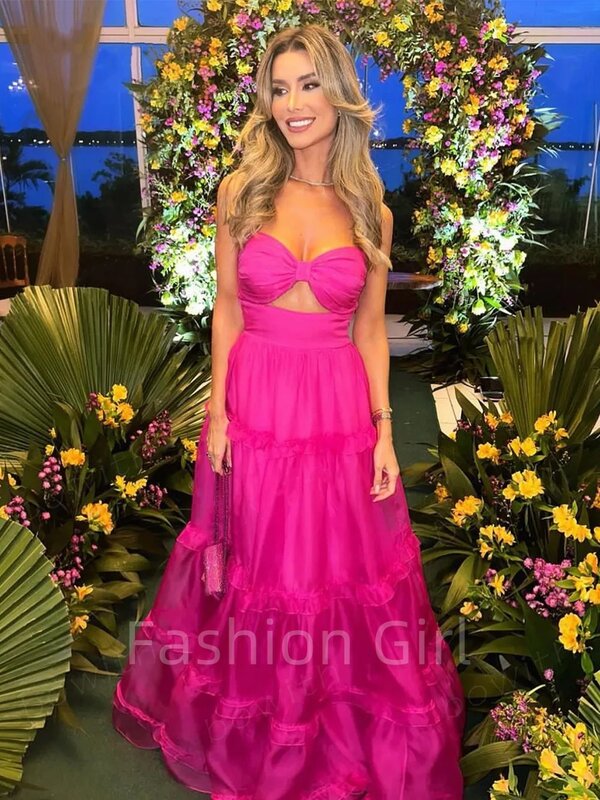 Rose Pink Strapless Evening Dresses Cut Out Party Dress Ruched Pleated Formal Occasion Dresses for Gala Party vestidos de fiesta