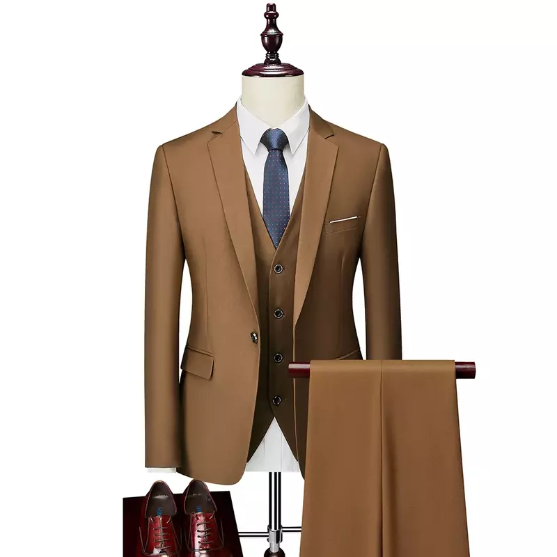 Traje de 3 piezas para hombre, conjunto de Color sólido, ajustado, negocios, ocio, banquete, boda, vestido de novio, chaqueta, chaleco con pantalones