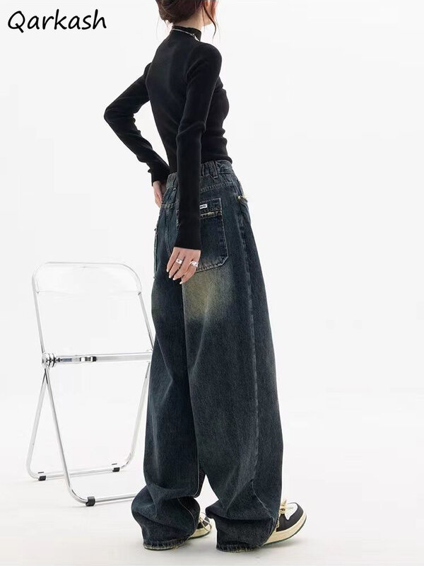 Moppep jeansy damskie Retro nieobszyte brzegi kieszenie luźna elastyczna talia w stylu amerykańskim sprana prosta moda uliczna modny fajny szyk BF