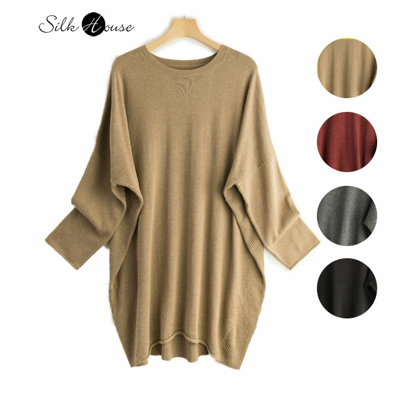 Suéter de caxemira de seda amoreira para mulheres, camisa com fundo, manga longa média, suéter solto, gola redonda, topo de cor sólida