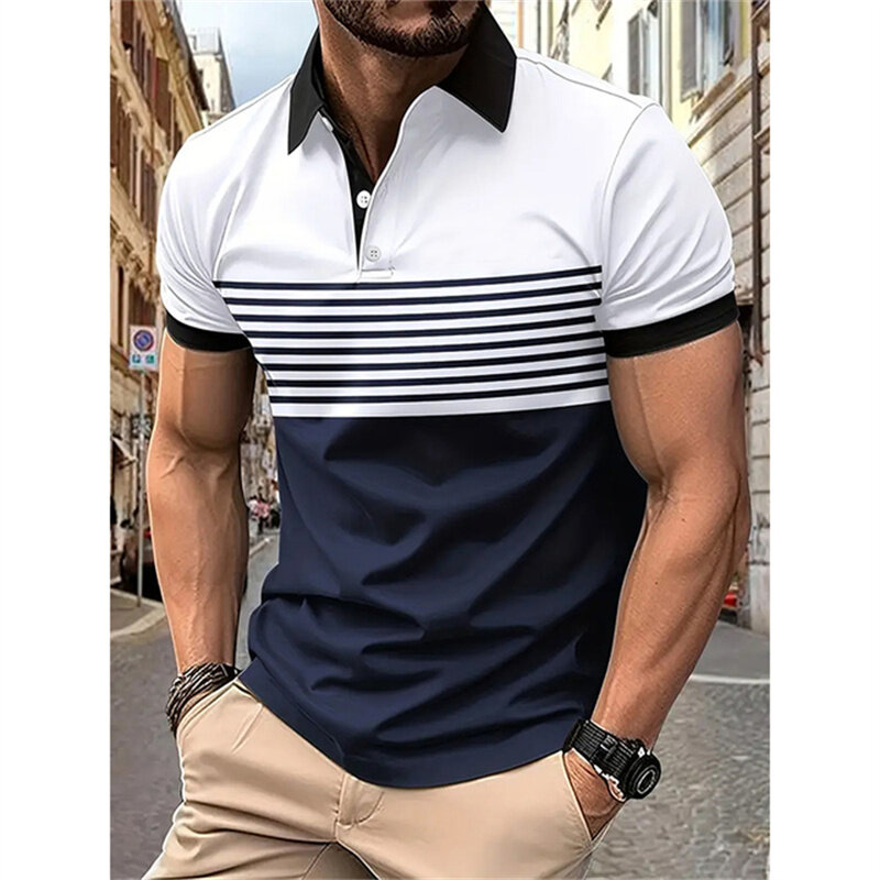 Fashion pria kemeja POLO garis cetak kontras Tshirt musim panas lengan pendek kerah Premium bernapas pria atasan kebugaran Pullover