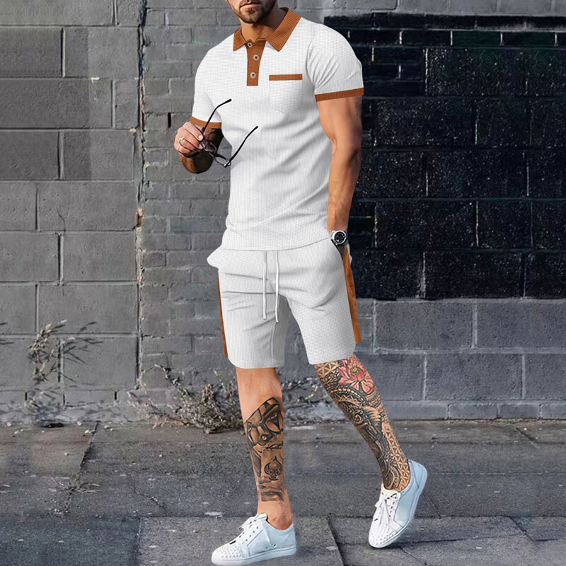 Summer Fashion Patchwork Two Piece Suits Men Casual Short Sleeve Polo Shirt And Shorts Mens Sets Leisure Breathable Outfits Male