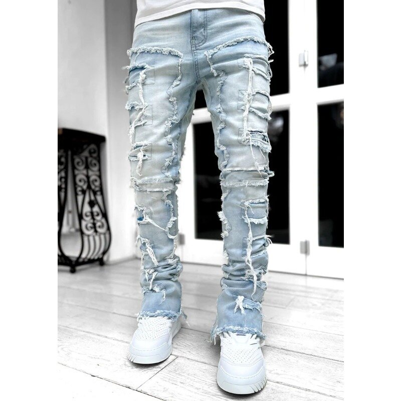 Calça jeans rasgada masculina, jeans reto Y2K, calça elástica, cor sólida, moda de personalidade, estilo europeu e americano