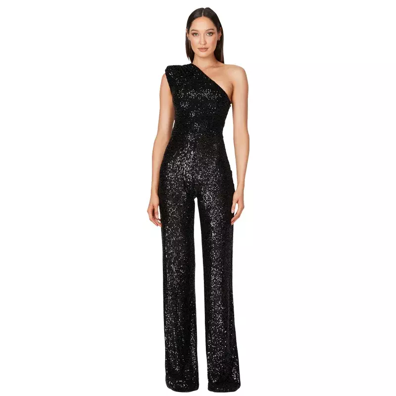 Women Elegant Long Jumpsuits Sexy Glitter Sequin Club Ladies Playsuits Slanted Collar Party Fashion Backless Solid Romper 2024