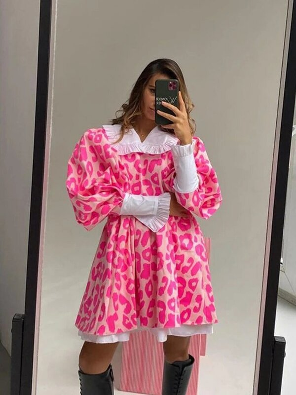 Vestidos de manga lanterna rosa para mulheres, estampa leopardo, manga longa, vestido em linha, gola de boneca casual, moda coreana, 2022
