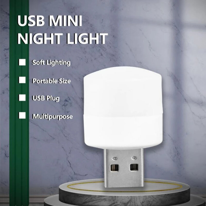 Portátil Mini LED Night Light, USB Power, Proteção para os olhos, Lâmpada de leitura do livro, Iluminação do quarto redondo, legal, quente, branco