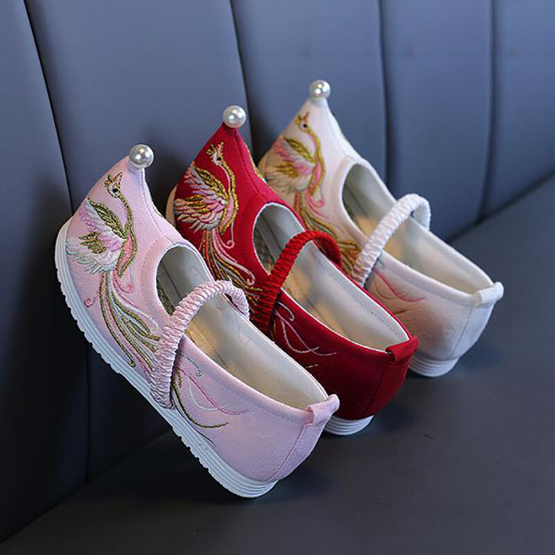 Chinese Hanfu Baby Girls Dance Shoes Vintage Retro Birds Embroidery Pearl Flats Kids Cotton Stage Shoes Children Cloth Shoes