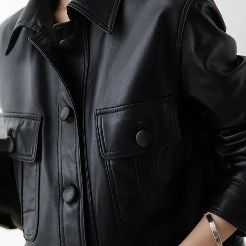 2024 New Spring Autumn Short Leather Jacket Women's Slim Outerwear Square Collar Straight Trend Small Fragrance Coat Ladies Tops