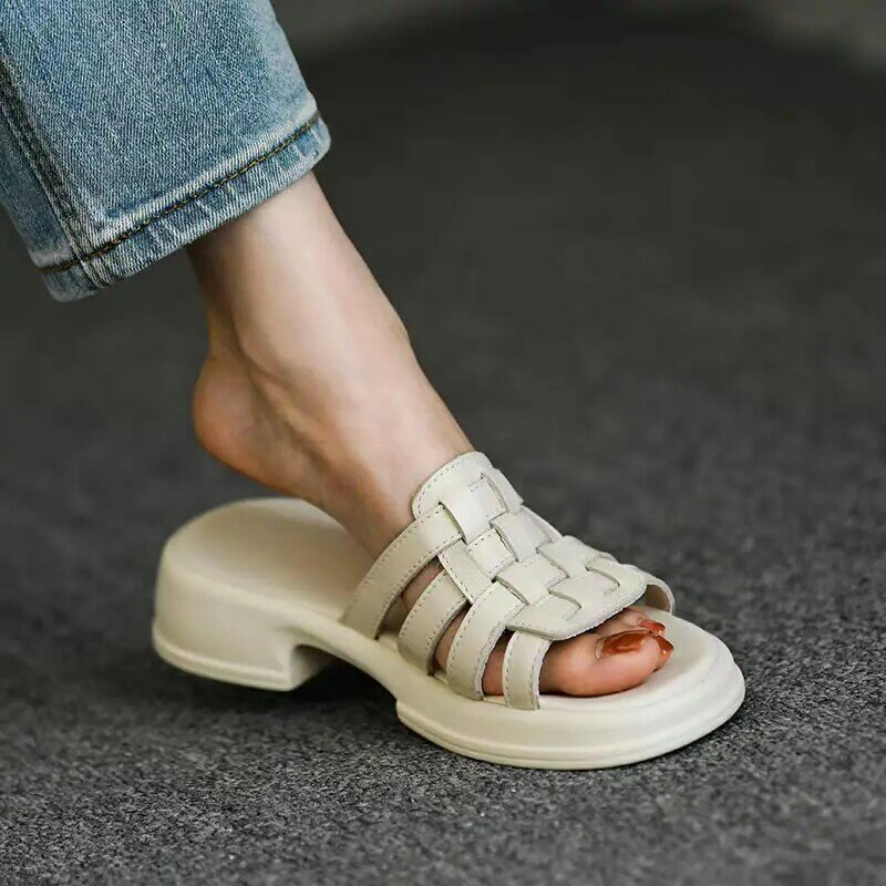 Sandalias de cuero genuino para mujer, zapatillas de estilo romano, zapatos de exterior de verano, toboganes de cuero suave tejido plano