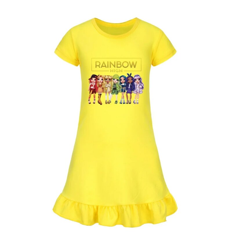 New Rainbow High Clothes Kids 2024 Summer Short Sleeve Dress Toddler Girls Casual Dresses Children Cartoon Nightgowns Sleepwear