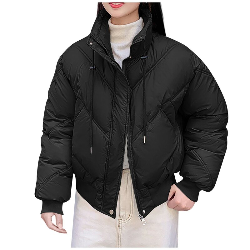 여성용 지퍼 루즈한 짧은 코튼 코트, 여성용 파카 스탠드 후드 단색, 빅 포켓 단추 재킷, 가을 겨울