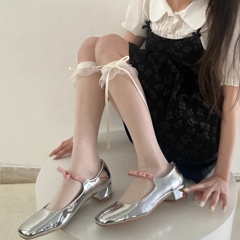 Balletcore ถุงเท้าเด็กผู้หญิงแบบผูกโบว์ติดน่องน่องถุงเท้าน่ารักโลลิต้าลูกไม้โปร่งใส