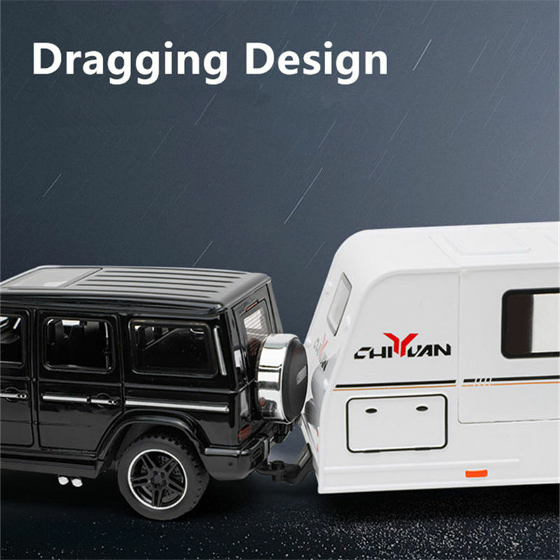 1/32 paduan Trailer RV Model mobil truk Diecast logam rekreasi Off-road kendaraan Camper mobil Model suara dan cahaya hadiah mainan anak-anak