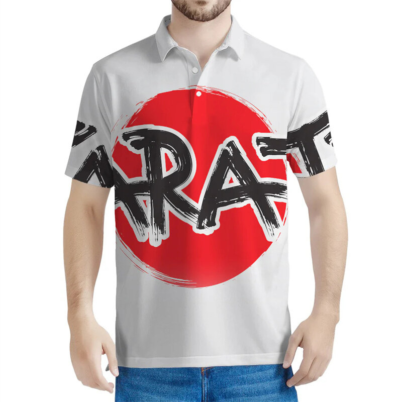 Polo gráfico lutador de karatê masculino, impresso em 3D, manga curta, camiseta de rua de verão, lapela solta, camiseta de botão, criativo, esportivo