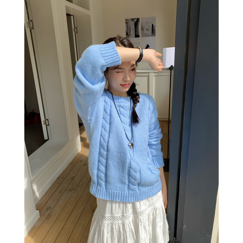 Abbigliamento donna maglione lavorato a maglia blu coreano solido maniche lunghe Vintage moda Casual Baggy signore primavera rosso girocollo top