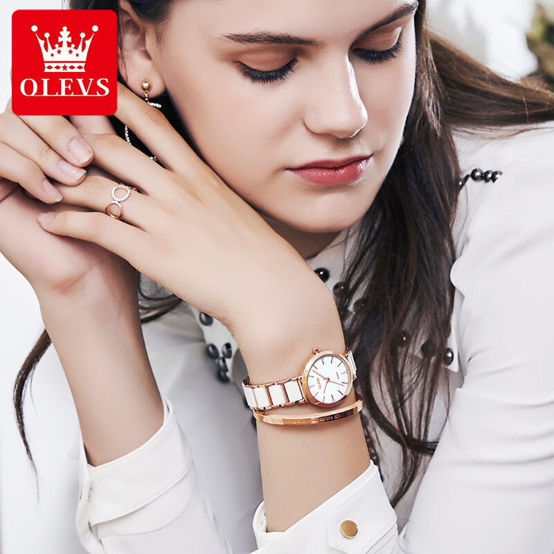 OLEVS jam tangan wanita Quartz mewah, jam tangan baru 2024, merek terkenal, gelang keramik, anti air