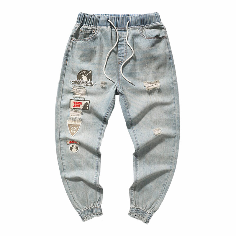 Men Jeans Versatile 50%Polyester+50%Cotton Blue Broken Casual Fashion For All Seasons Korean Loose Comfy Fashion