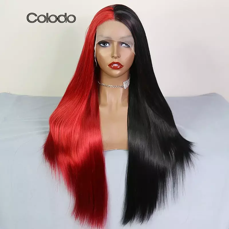 كولودو-شعر مستعار اصطناعي مستقيم مع دانتيل أمامي ، مقاوم للحرارة ، بدون غراء ، ملكة سحب ، أحمر أسود اللون ، 30 بوصة ، جودة عالية