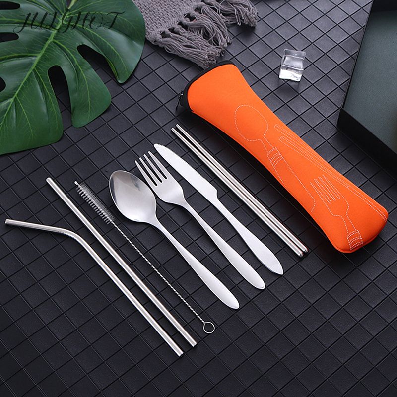 8Pcs Stainless Steel Tableware Straw Fork Spoon Family Travel Camping Cutlery