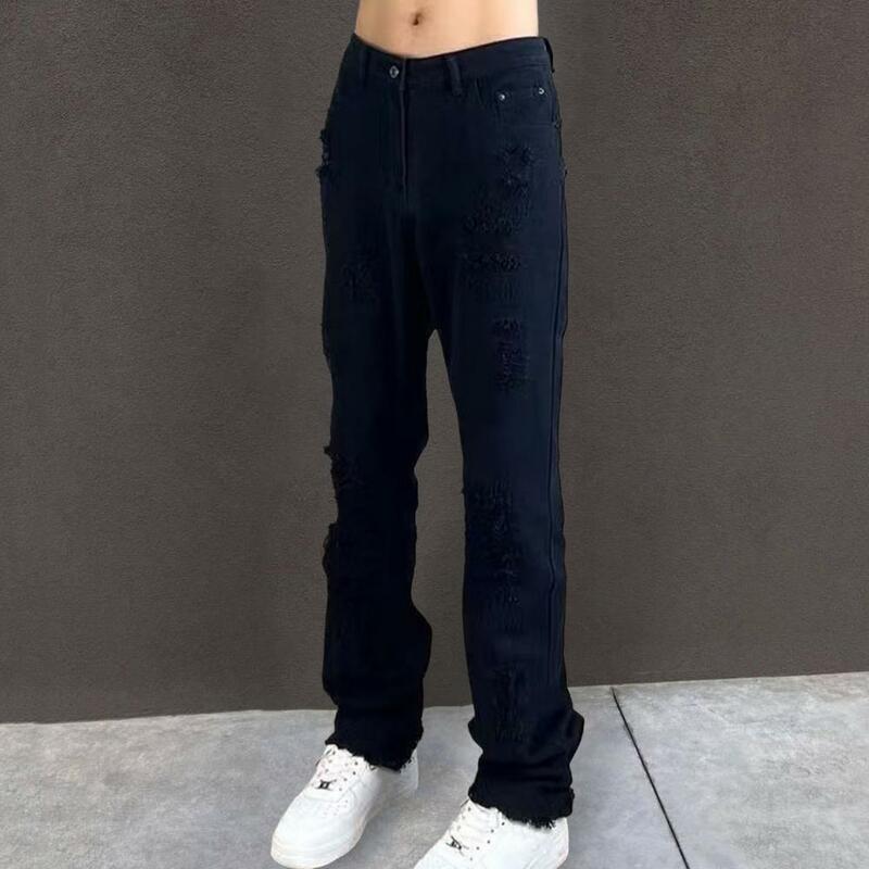 Dżinsy o średniej talii męskie jeansy stylowe męskie porwane jeansy jednolity kolor w połowie talii oddychający materiał na hiphopowy sweter na co dzień