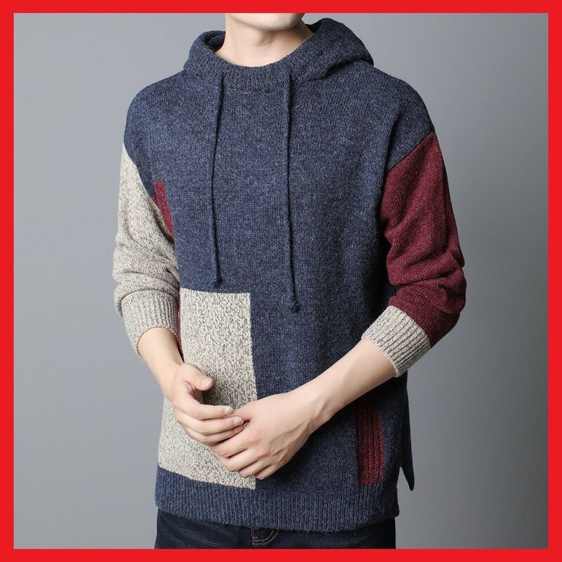 M-5xl Mens Sweaters Winter Male Pullovers Clothing Hooded Long Sleeve Patchwork Thicken Warm Comfortable Man Top Clothes H50