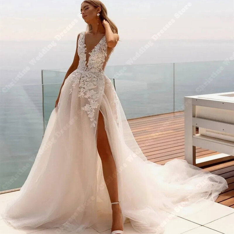 Gaun pernikahan wanita V rendah elegan gaun pengantin belahan tinggi sisi seksi gaun pengantin panjang pel jubah Lengan Cetak Vestidos De Novias
