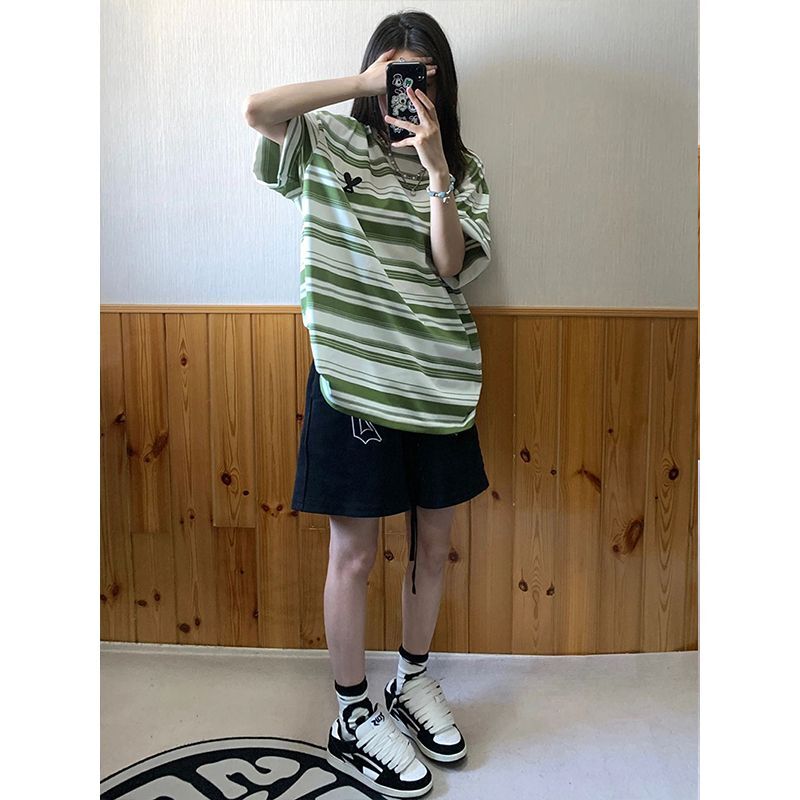 hiphop sweet cool style love green striped short sleeved T shirt women summer national fashion brand couple style loose top y2k