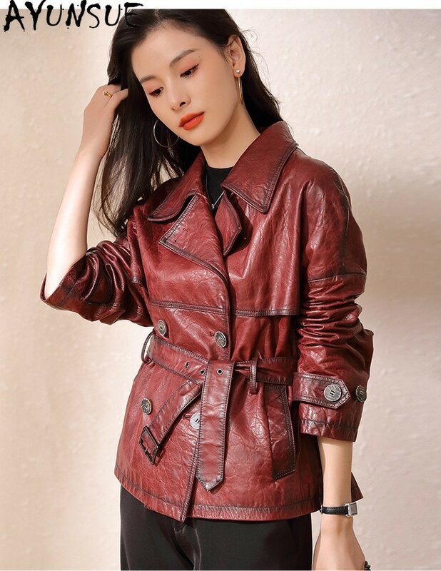 AYUNSUE-abrigo de piel de oveja auténtica para mujer, chaqueta elegante de piel auténtica de alta calidad con doble botonadura, prendas de vestir con cinturón, 100%