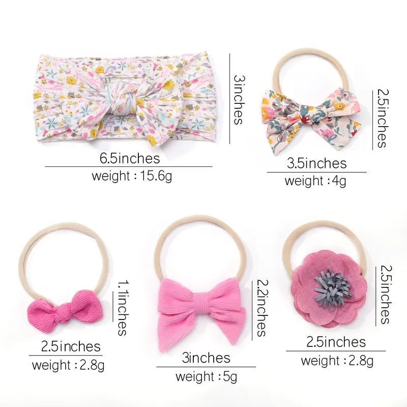 5Pcs/Set Baby Bows Lace Flower Headband Print Nylon Cotton Hair Bands for Girls Children Newborn Toddler Soft Hair Accessories