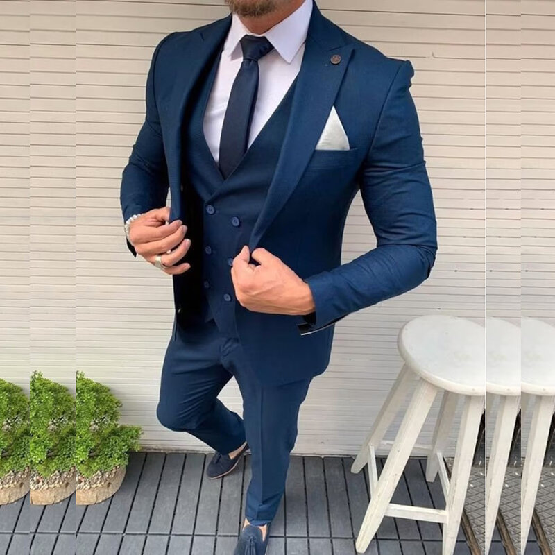 Skinny Men's Suits Terno Peaked Lapel Single Breated Formal Business Luxury 3 Piece Jacket Pants Vest Tailor-made Ropa Hombre