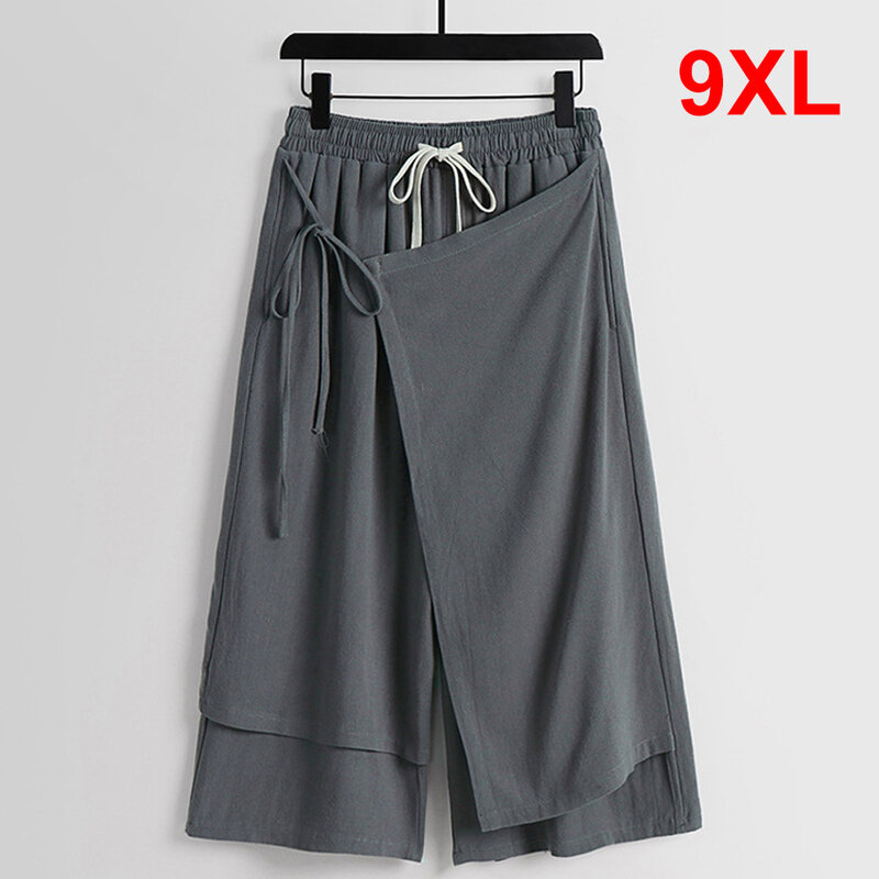 Linen Pants Men Summer Calf-length Pants Plus Size 9XL Fake Two Pieces Pants Male Fashion Casual Solid Color Bottom Big Size