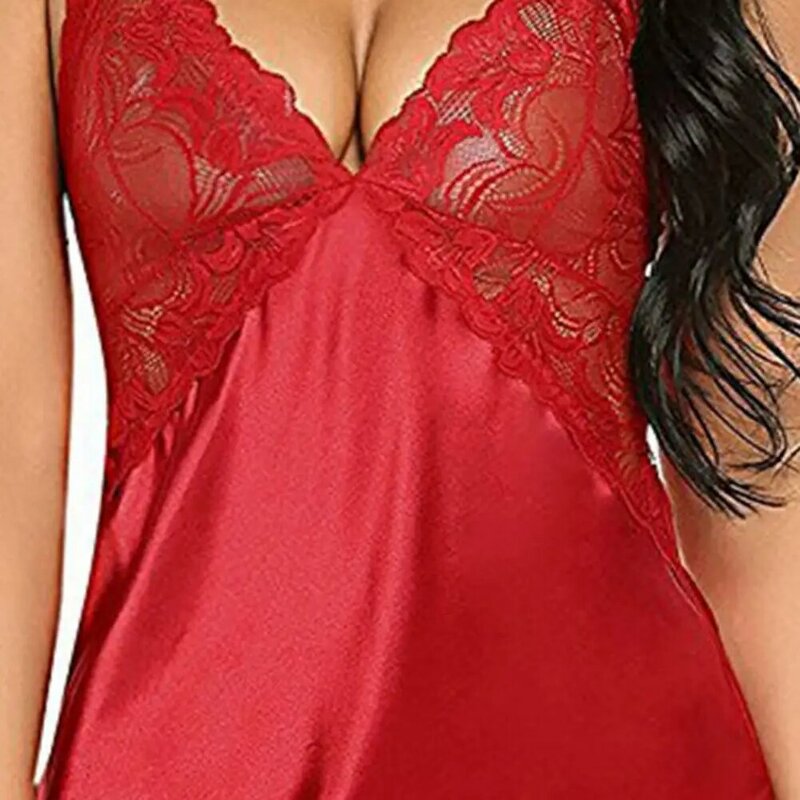 Women Nightgowns Lace Sheer Imitation Ice Silk Sleepwear Dress Sexy Pure Color Back Cross Robe Dress For Valentines Day