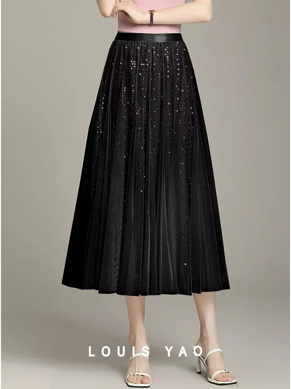 LOUIS YAO-Falda larga de malla con lentejuelas para mujer, prenda de cintura alta, informal, a la moda, verano, 2024