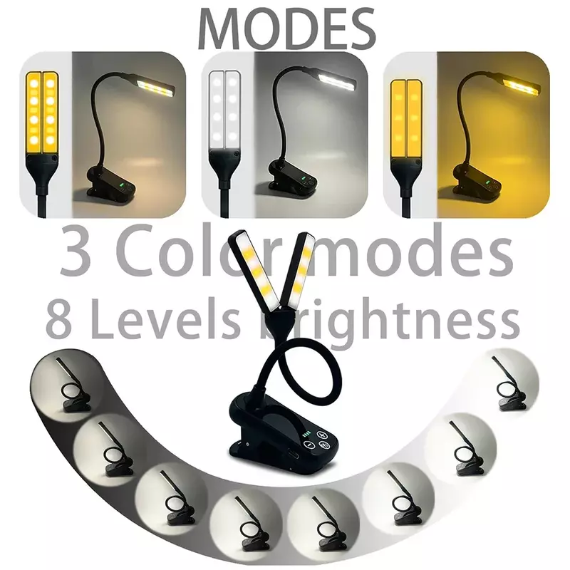 USB 충전식 클립 북 라이트, 눈 보호, 기숙사 손전등, 14LED 야간 램프, 침실 랜턴, 3 색