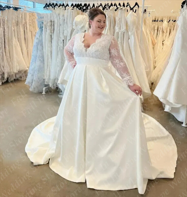 Plus Size Wedding Dresses with Long Sleeve 2024 Vintage Lace Appliques V-Neck Satin A-Line Outdoor Beach Bridal Gowns Vestidos