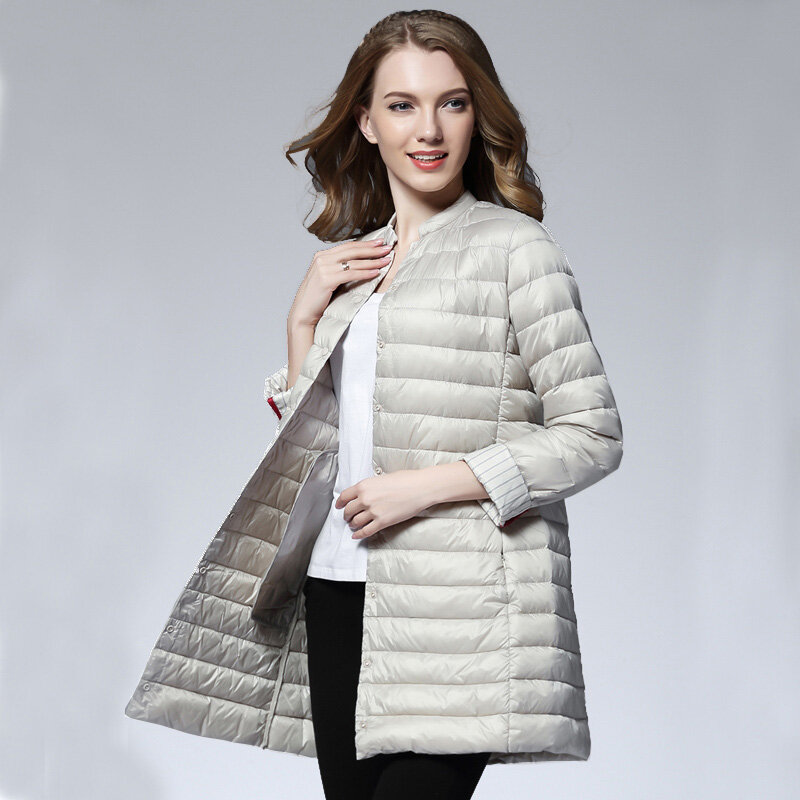 여성용 용수철 패딩 따뜻한 코트, 초경량 덕 다운 재킷, 긴 여성 오버코트, 슬림 솔리드 재킷, 겨울 코트, 휴대용 파카