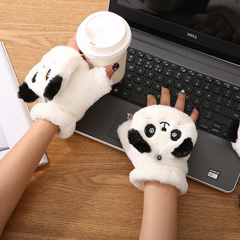 Panda dos desenhos animados luvas de pelúcia para estudantes, luvas de aba quente, dedos abertos, escrita, inverno