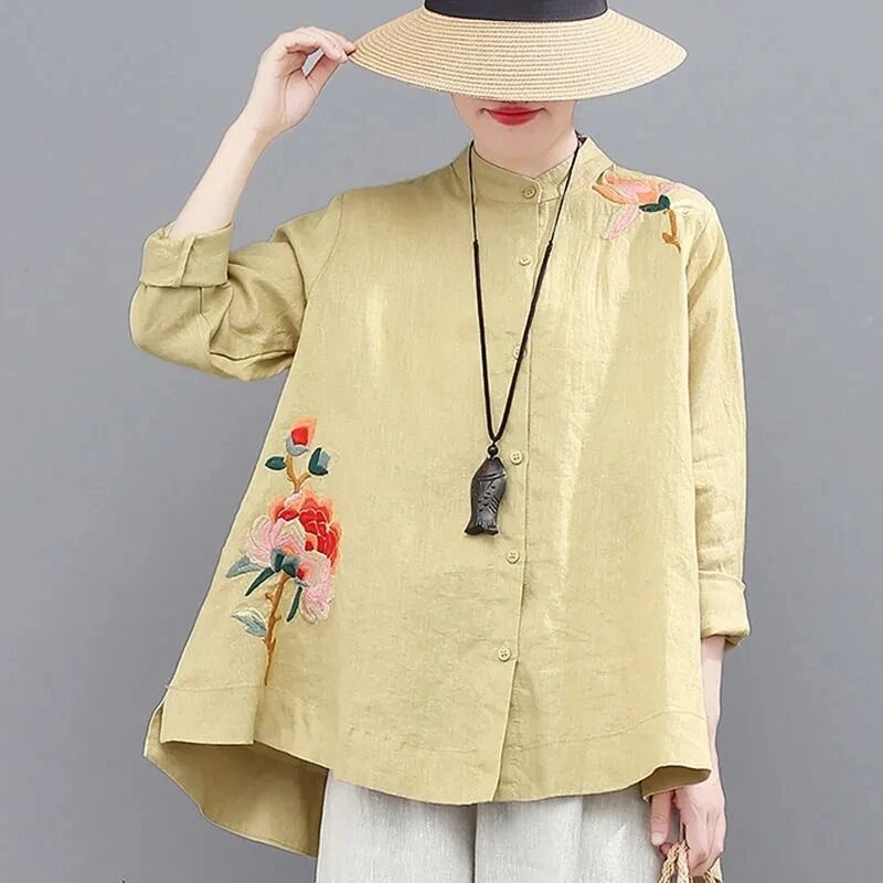여성용 국풍 자수 스탠드 업 칼라 셔츠 코트, 루즈한 짧은 긴팔 블라우스, 라지 사이즈, 용수철 및 여름