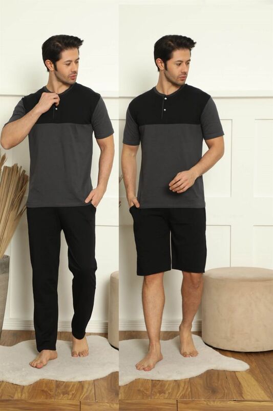 Модный линейный мужской пижамный комплект из 3 предметов из 100 хлопка с карманами