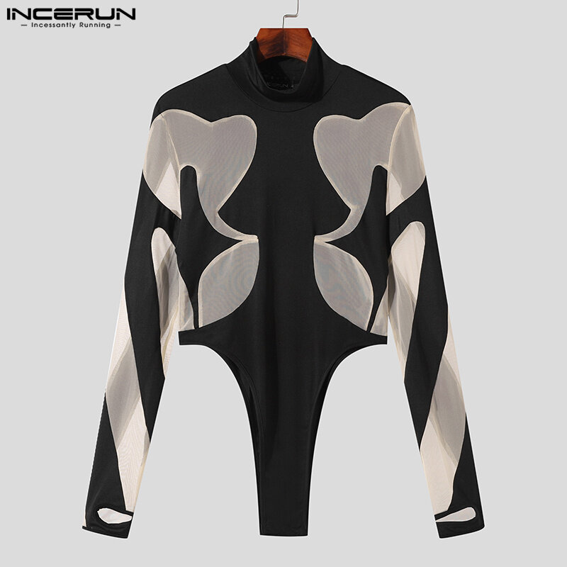 Pakaian rumah jumpsuit pria, jumpsuit modis tambal sulam jala desain Thimble lengan panjang S-3XL INCERUN 2023