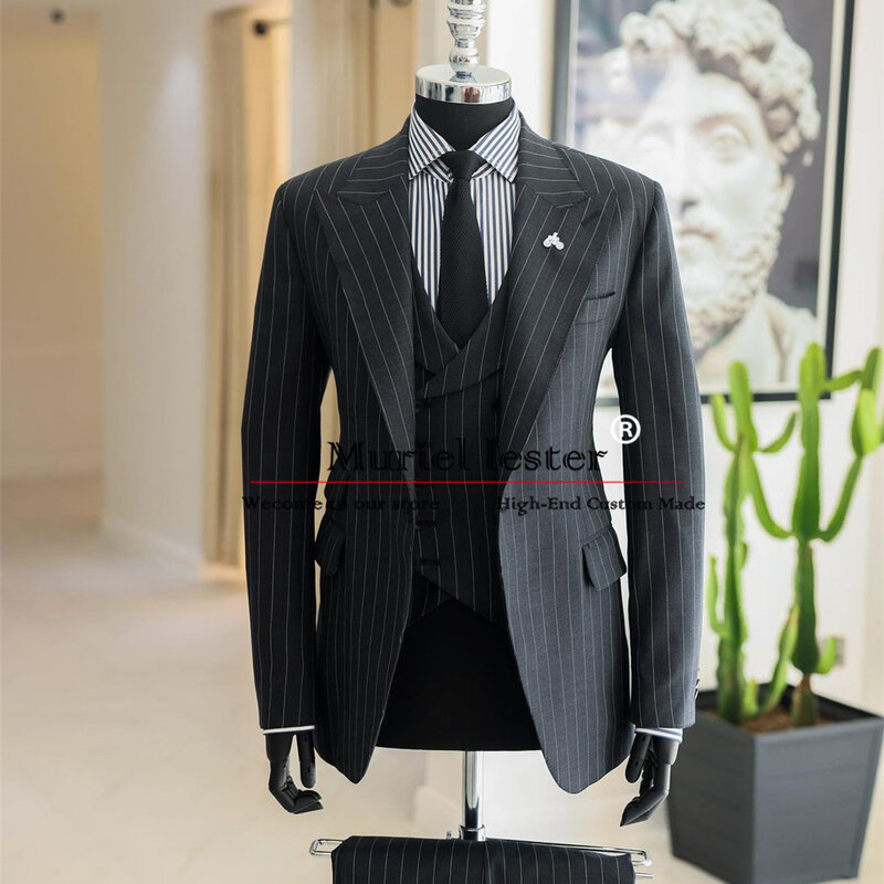 Classic Grey Stripe Suits Men Plus Size Man Banquet Evening Party Jacket Vest Trouser 3 Pieces Set Groom Wedding Tuxedos Elegant