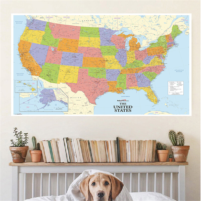 Lienzo no tejido de mapa de Estados Unidos, Impresión de mapa detallado, póster grande, suministros educativos, decoración del hogar, 225x150 Cm