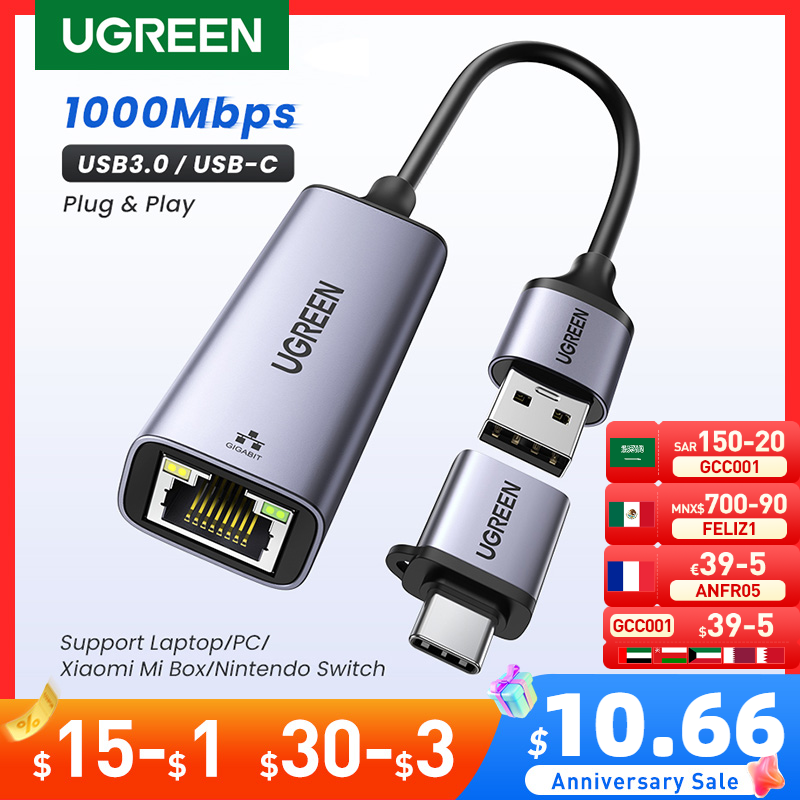 UGREEN USB Ethernet Adapter USB3.0 1000Mbps USB RJ45 scheda di rete per Laptop Xiaomi Mi Box S Nintendo Switch PC Internet USB Lan