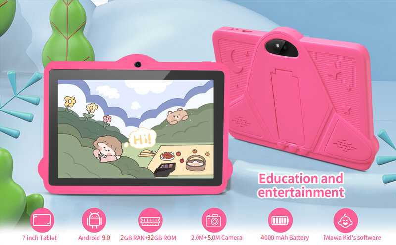K1 Tablet anak 7 "Android 9.0, 2GB 32GB Quad Core WIFI Google Play Tablet anak-anak untuk anak-anak casing tahan anak-anak 4000mAH