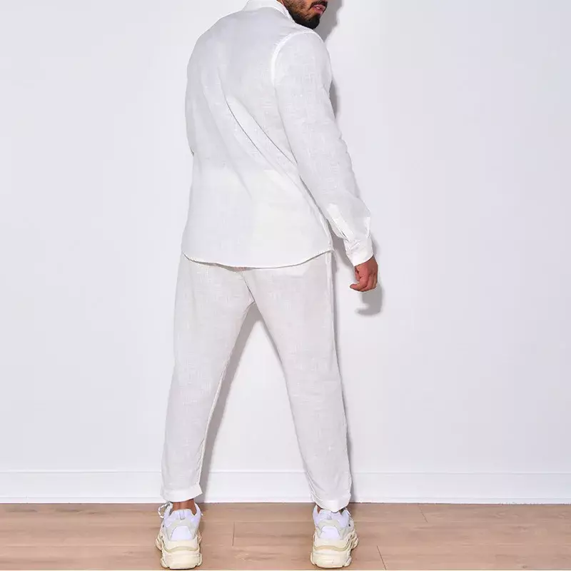 Setelan Santai Musim Semi Musim Gugur Linen Set Pria Kemeja Lengan Panjang dan Celana Panjang Dua Potong Set Pakaian Pria Mode Grosir