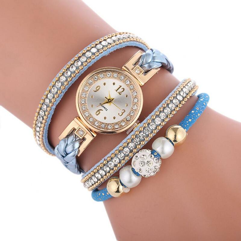 Vrouwen Strass Kraal Ronde Wijzerplaat Drukknoop Multi Layer Armband Quartz Horloge Dames Jurk Horloges Cadeau Luxe