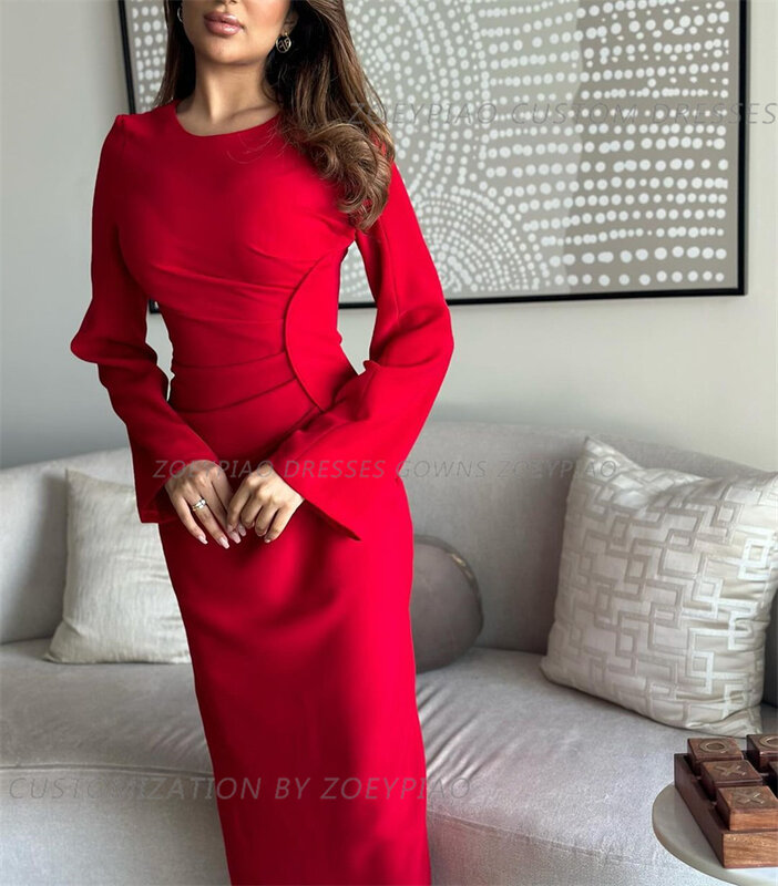 Gaun Prom Dubai pendek kerah O merah gaun pesta panjang teh Lengan penuh gaun gaun malam ketat buatan khusus Arab