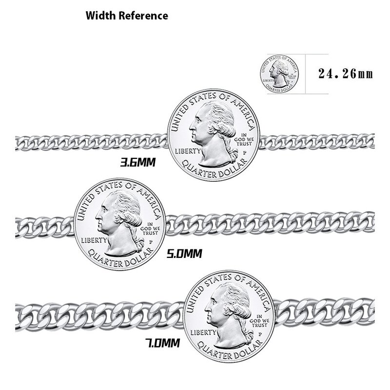 Colar de corrente cubana em prata sólida 925 para homens e mulheres, corrente chunky simples, largura de 3.6mm, 5mm, 7mm, 40 cm, 45 cm, 55cm, verão