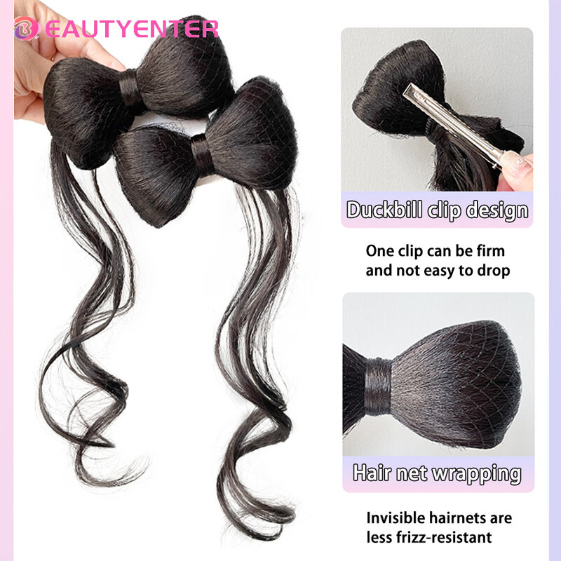 BEAUTYENTER Bow Wig Hair Bag Fluffy Cute Coil Hair artefatto Hanfu Bun stile antico accessori in seta ad alta temperatura